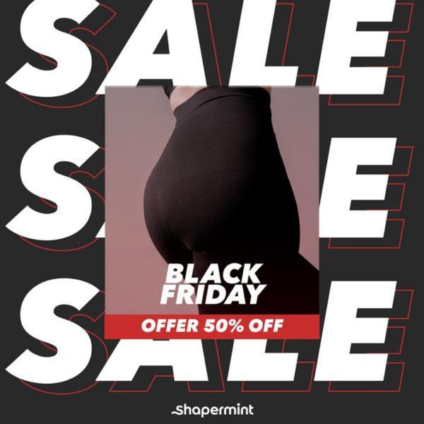 A high-contrast 1:1 graphic ad for shapewear featuring bold typography and a direct 50% off offer.